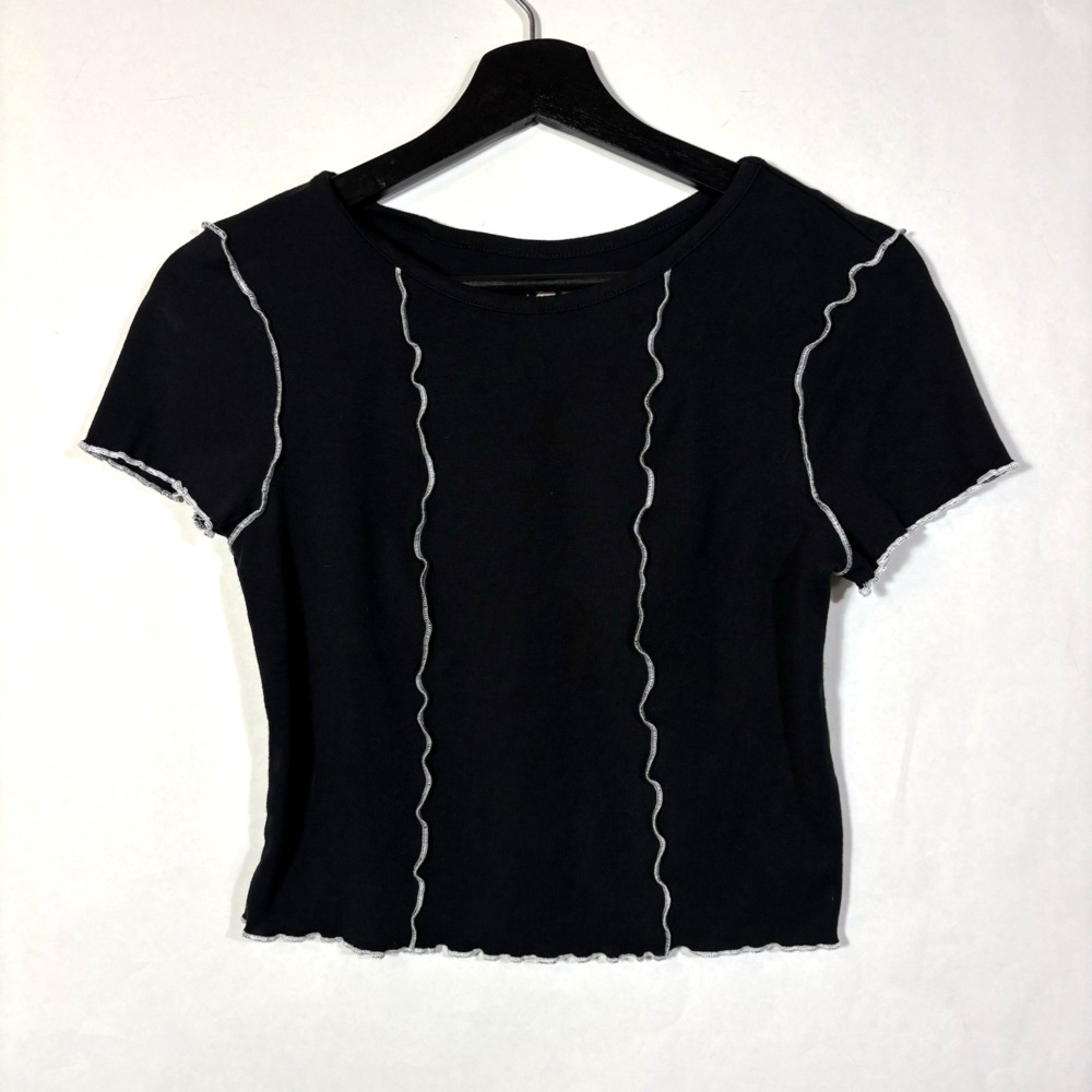 Inside-Out Seamed T-shirt Black Medium Juniors White Contrast Cotton Blend